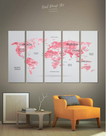 5 Panels Abstract Pink World Map Canvas Wall Art