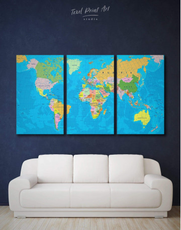 3 Panels Travel Map with Pins Detailed Canvas Wall Art