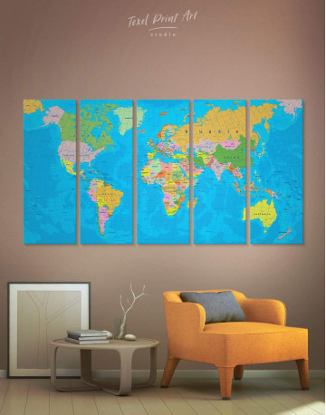 5 Panels	Travel Map with Pins Detailed Canvas Wall Art