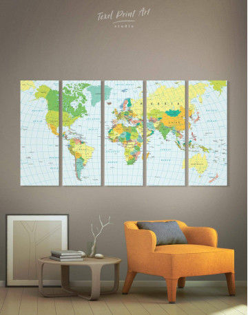 5 Panels Classic Detailed Map Canvas Wall Art