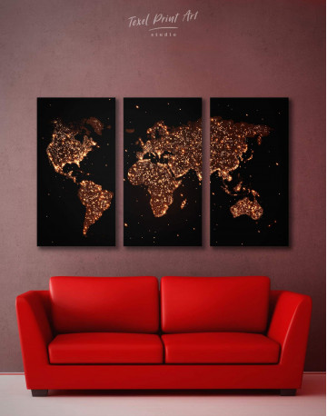 3 Panels Night World Map Canvas Wall Art