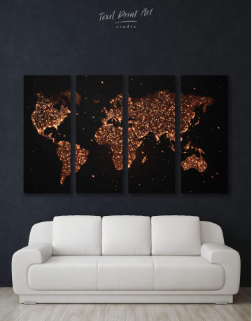 4 Pieces Night World Map Canvas Wall Art
