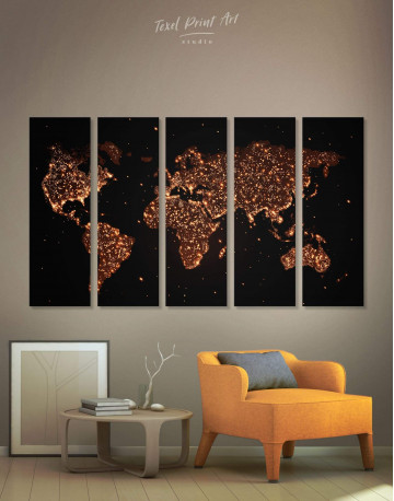 5 Pieces Night World Map Canvas Wall Art