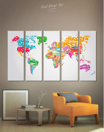 5 Pieces Typography World Map Canvas Wall Art