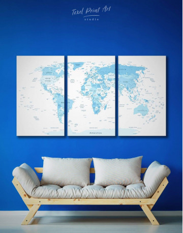3 Panel Light Blue World Map Canvas Wall Art