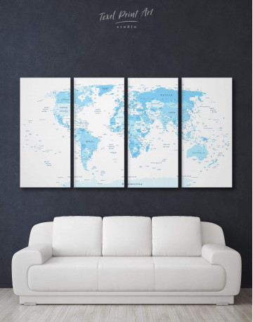 4 Piece Light Blue World Map Canvas Wall Art
