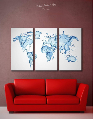 3 Panel Water World Map Canvas Wall Art