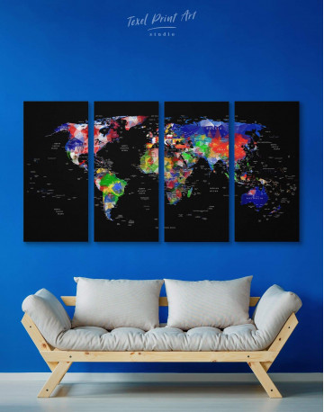 4 Pieces Geometric Push Pin World Map Canvas Wall Art