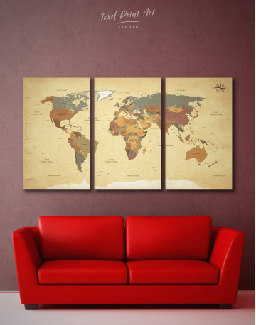 3 Piece Modern Rustic World Map Canvas Wall Art