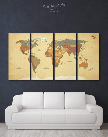 4 Panel Modern Rustic World Map Canvas Wall Art