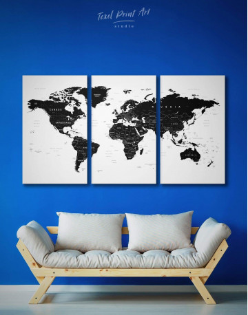 3 Piece Black Large Detailed World Map Canvas Wall Art