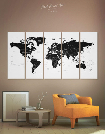 5 Piece Black Large Detailed World Map Canvas Wall Art