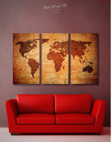 3 Pieces Brown Rustic World Map Canvas Wall Art