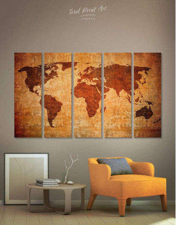 5 Pieces Brown Rustic World Map Canvas Wall Art