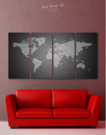 4 Piece Grey Push Pins World Map Canvas Wall Art