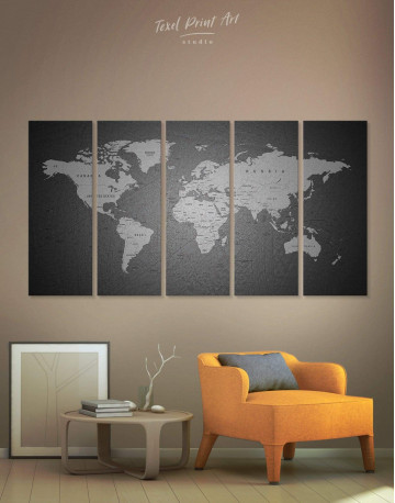 5 Panel Grey Push Pins World Map Canvas Wall Art