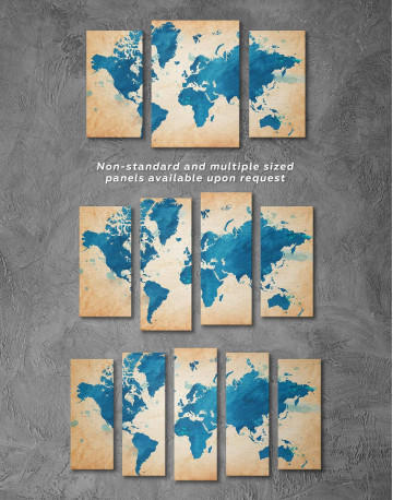 4 Panels Blue Watercolor World Map Canvas Wall Art - image 2