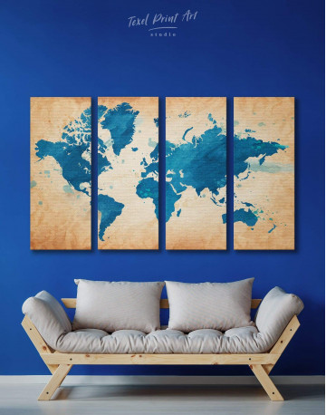 4 Panels Blue Watercolor World Map Canvas Wall Art