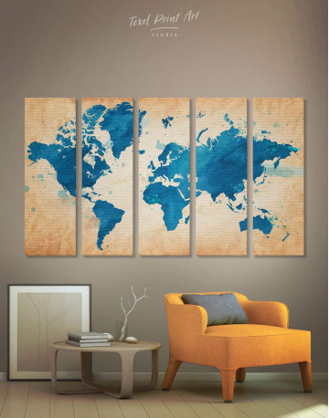 5 Pieces Blue Watercolor World Map Canvas Wall Art