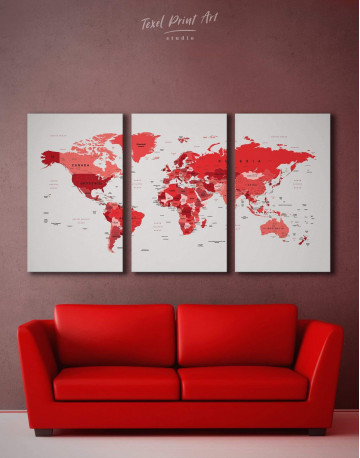 3 Panels Red Push Pin World Map Canvas Wall Art