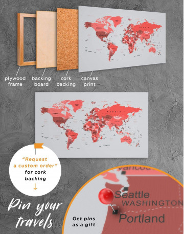 3 Panels Red Push Pin World Map Canvas Wall Art - image 1
