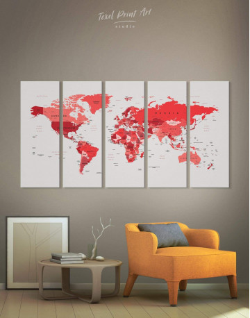5 Pieces Red Push Pin World Map Canvas Wall Art