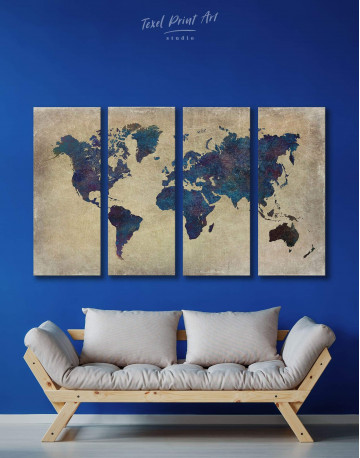4 Panels Abstract Blue World Map Canvas Wall Art