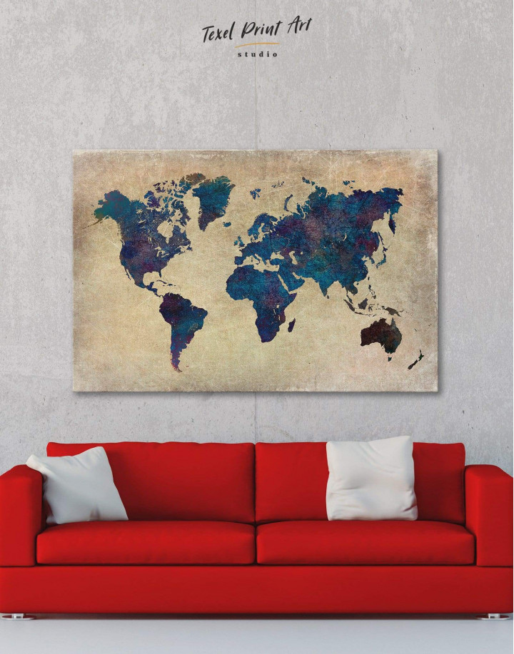 World Map Distressed Print PANORAMIC CANVAS WALL ART Picture Blue 