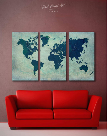 3 Panels Modern Navy Blue World Map Canvas Wall Art