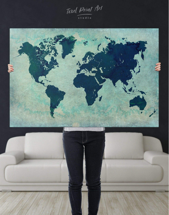 Map of the World Childern's Picture SINGLE CANVAS WALL ART Print Turquoise 