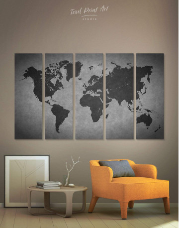 5 Panel Abstract Grey World Map Canvas Wall Art
