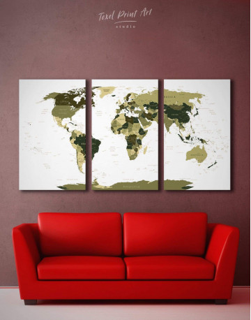 3 Panels Olive Green Travel Push Pin World Map Canvas Wall Art