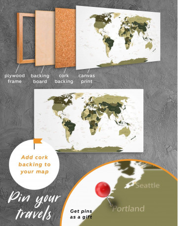 3 Panels Olive Green Travel Push Pin World Map Canvas Wall Art - image 1