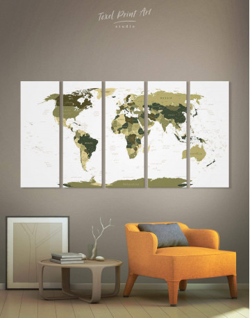 5 Panels Olive Green Travel Push Pin World Map Canvas Wall Art