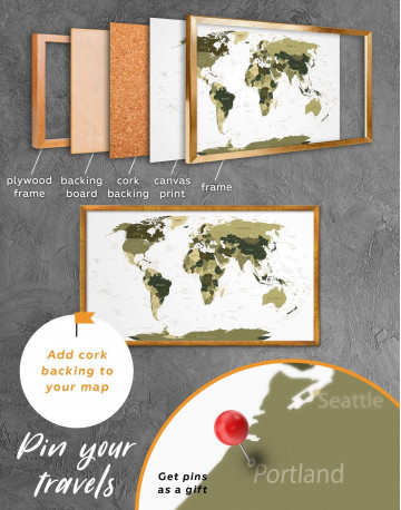 Framed Olive Green Travel Push Pin World Map Canvas Wall Art - image 2