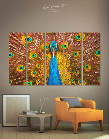 5 Panels Gold Peacock Canvas Wall Art