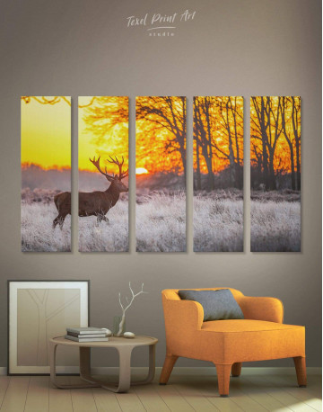 5 Panels Wild Deer in Forest Canvas Wall Art