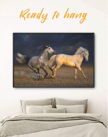 Framed White Running Horses Canvas Wall Art