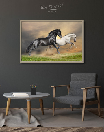 Framed Black and White Running Horses Canvas Wall Art - image 3
