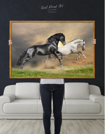 Framed Black and White Running Horses Canvas Wall Art - image 4