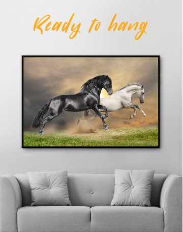 Framed Black and White Running Horses Canvas Wall Art