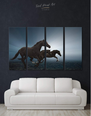 4 Pieces Black Running Horses Canvas Wall Art