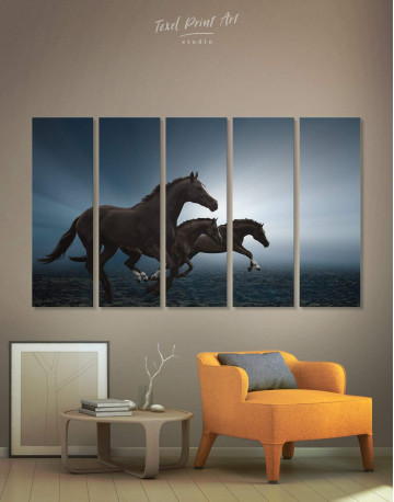 5 Panels Black Running Horses Canvas Wall Art