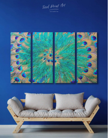 4 Panel Abstract Peacock Teal Feathers Canvas Wall Art