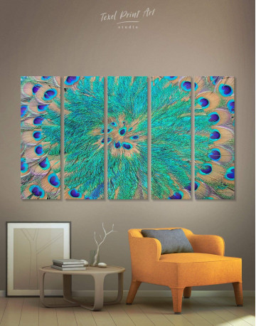 5 Panel Abstract Peacock Teal Feathers Canvas Wall Art