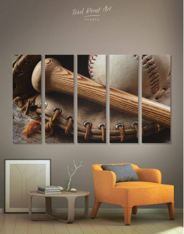 5 Panels Baseball Bat and Glove Canvas Wall Art