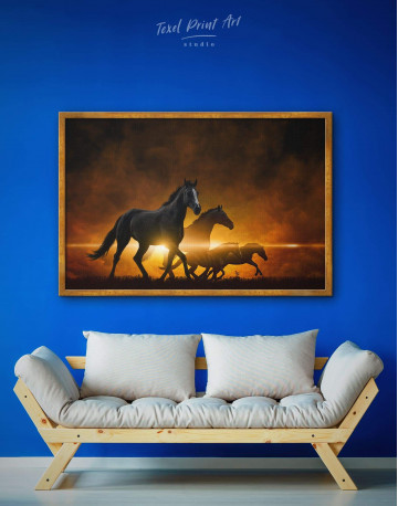 Framed Four Black Running Horses Canvas Wall Art - image 1