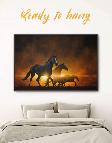 Framed Four Black Running Horses Canvas Wall Art
