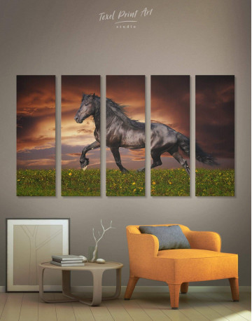 5 Panels Running Black Horse Canvas Wall Art