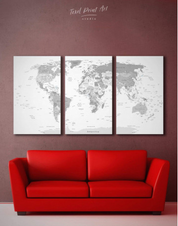 3 Panels Light Grey Pushpin World Map Canvas Wall Art